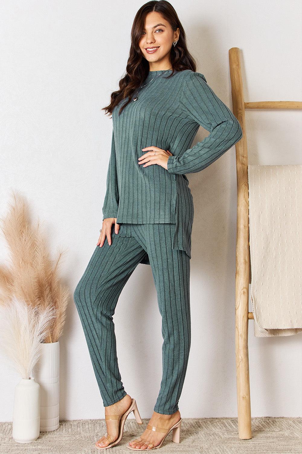 Basic Bae Full Size Ribbed Round Neck High-Low Slit Top and Pants Set Carauana Store