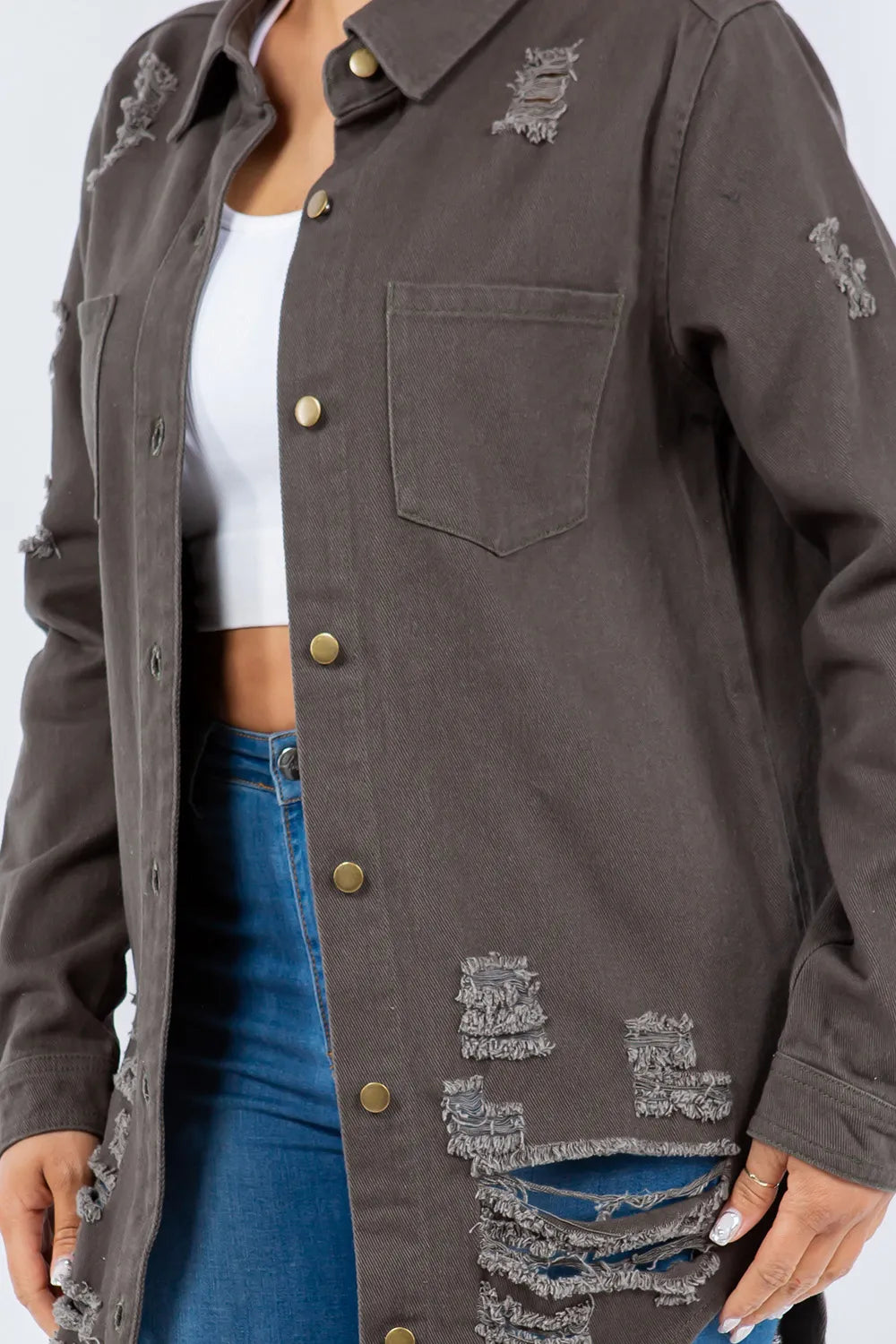 American Bazi Distressed Button Up Long Sleeve Denim Jacket Carauana Store