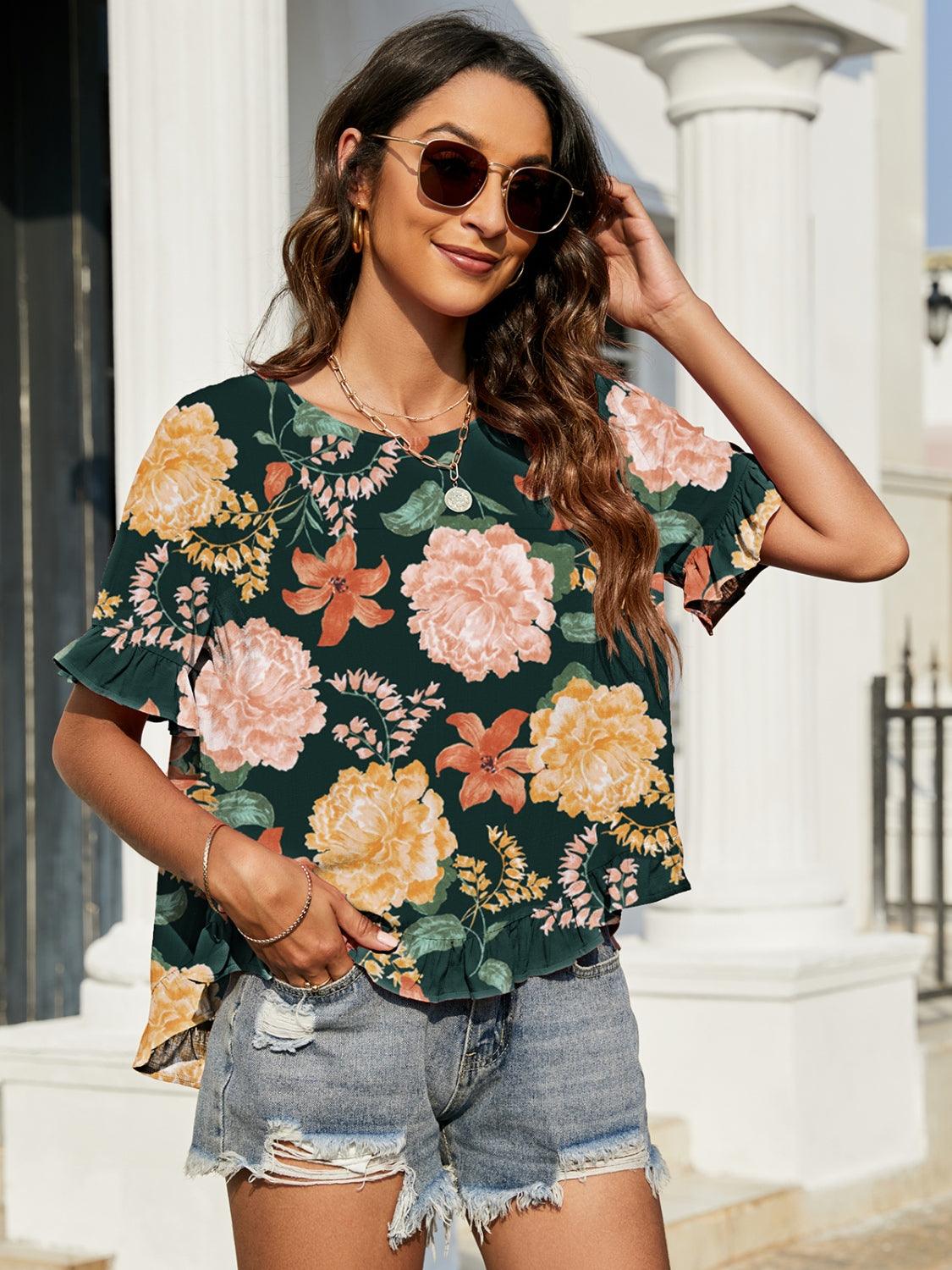 Floral Ruffled Short Sleeve Blouse Carauana Store