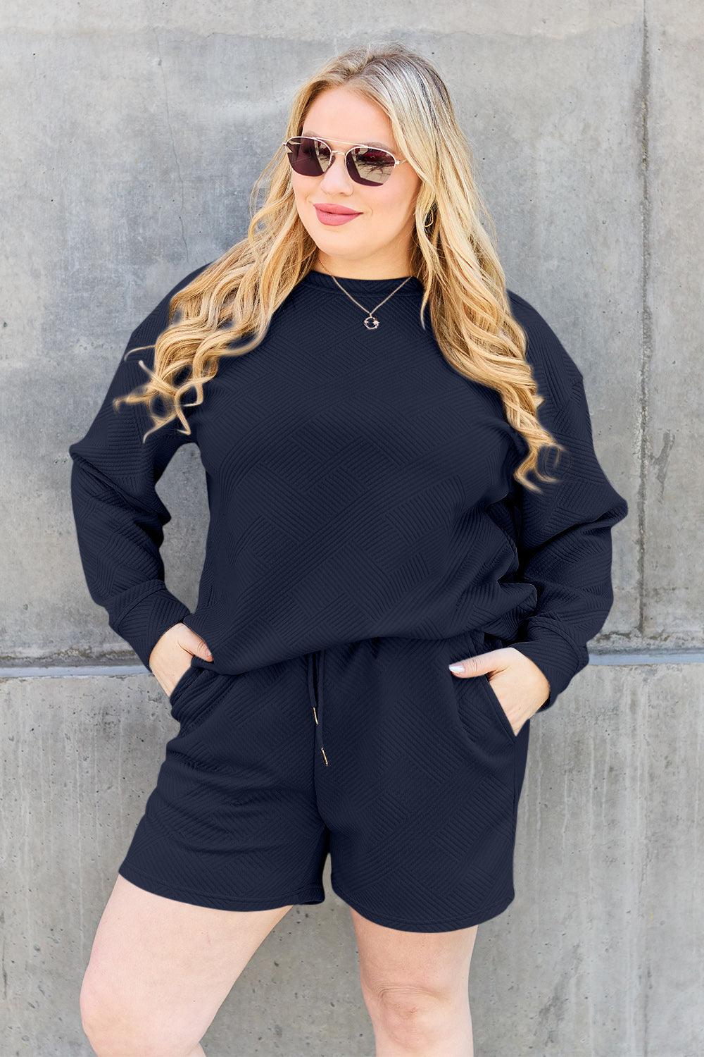 Double Take Full Size Texture Long Sleeve Top and Drawstring Shorts Set CaRaUaNa Fashion