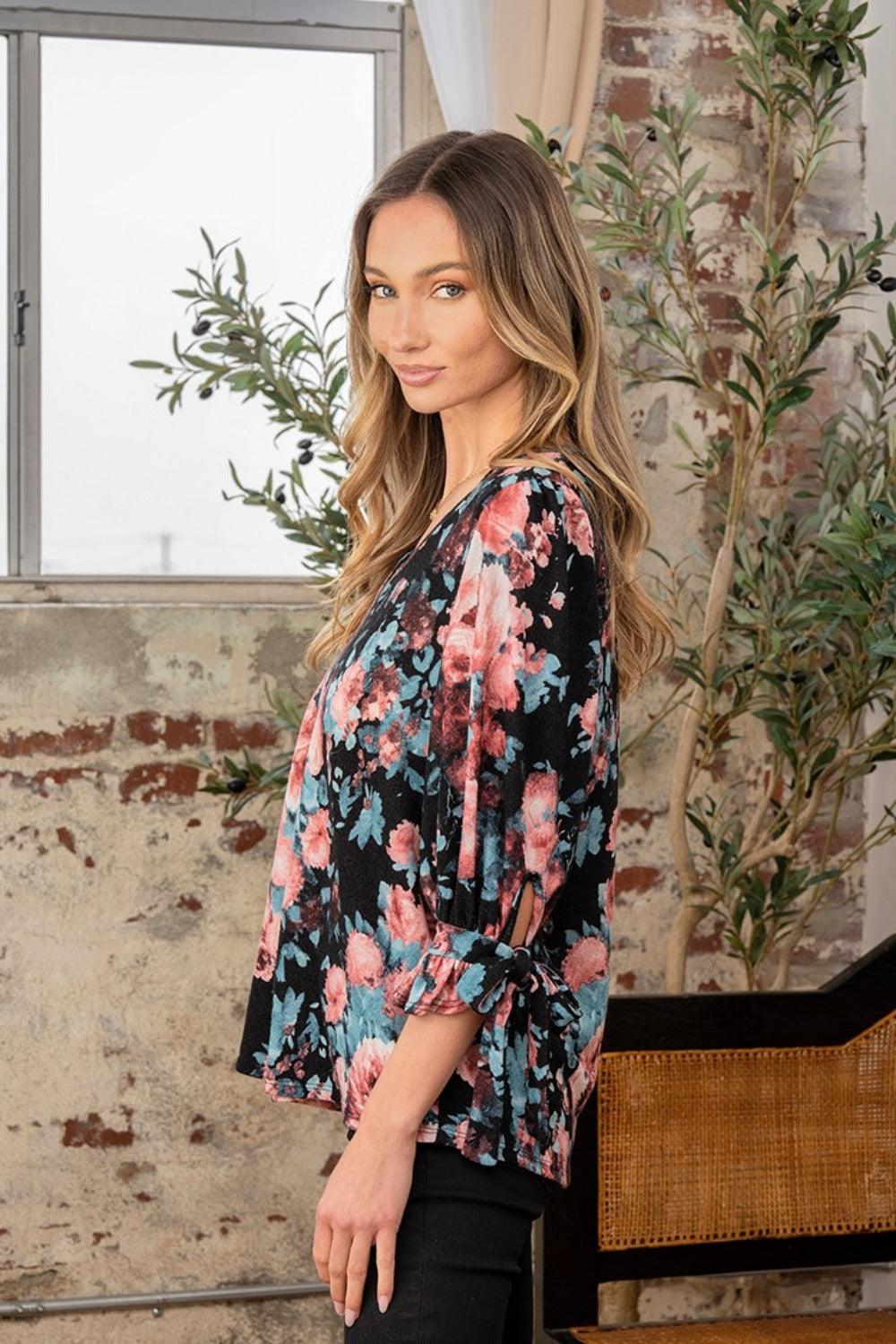 Sew In Love Full Size Floral V-Neck Top with Sleeve Knot Carauana Store