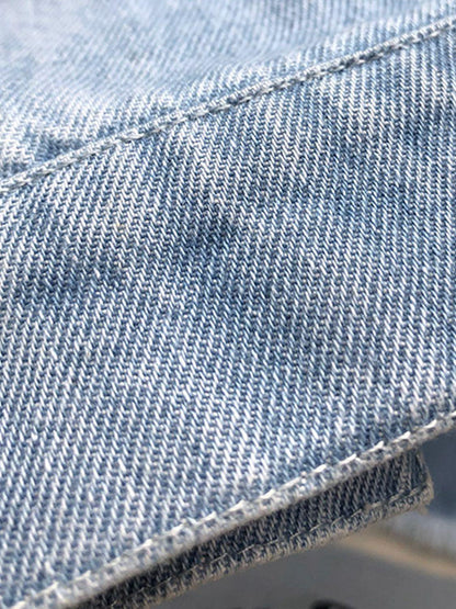 Raw Hem Collared Neck Long Sleeve Denim Jacket Carauana Store