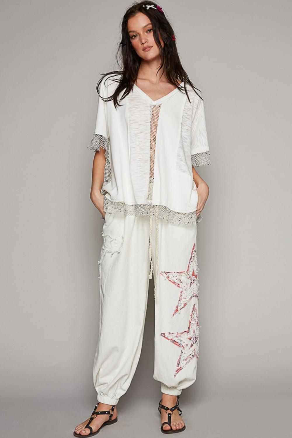 POL Openwork V-Neck Half Sleeve Top Carauana Store