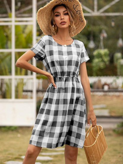 Smocked Plaid Round Neck Short Sleeve Dress CaRaUaNa Fashion