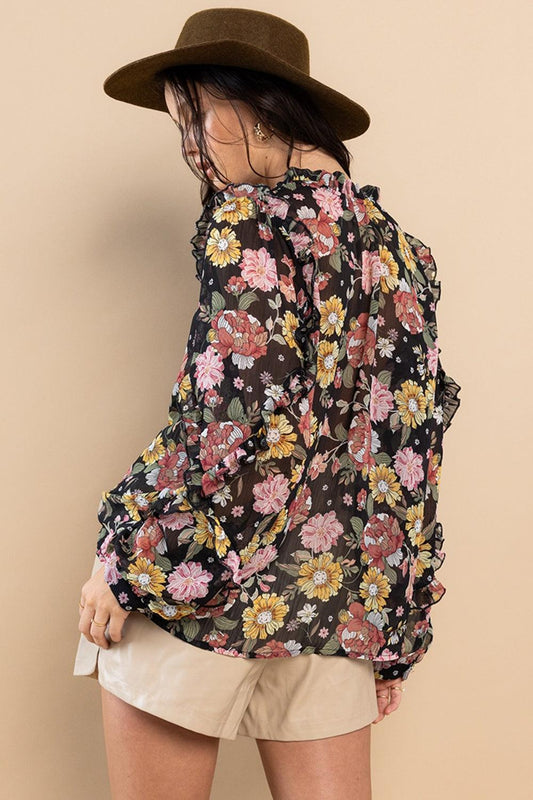Ces Femme Ruffle Trim Long Sleeve Floral Blouse Carauana Store