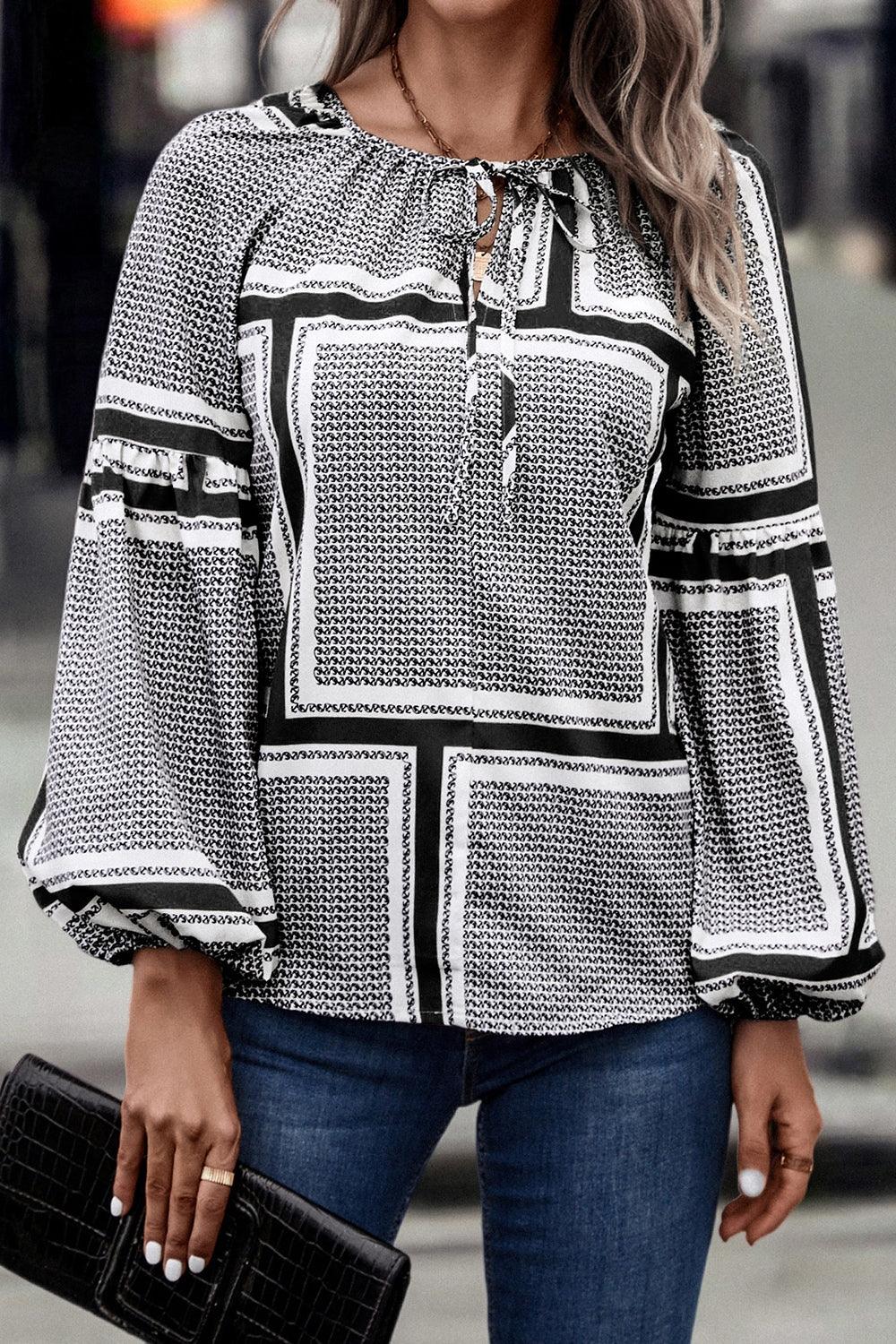Contrast Printed Tie Neck Balloon Sleeve Blouse Carauana Store