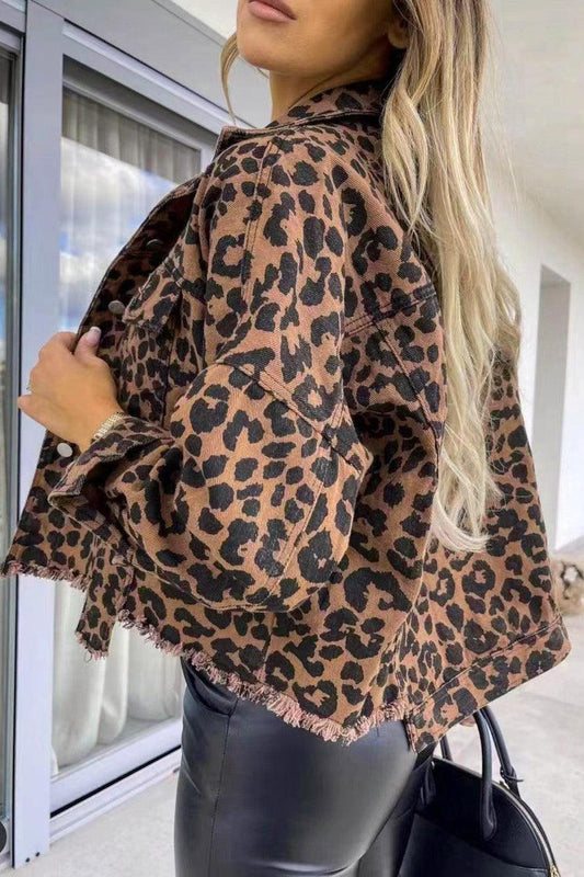 Leopard Raw Hem Denim Jacket Carauana Store