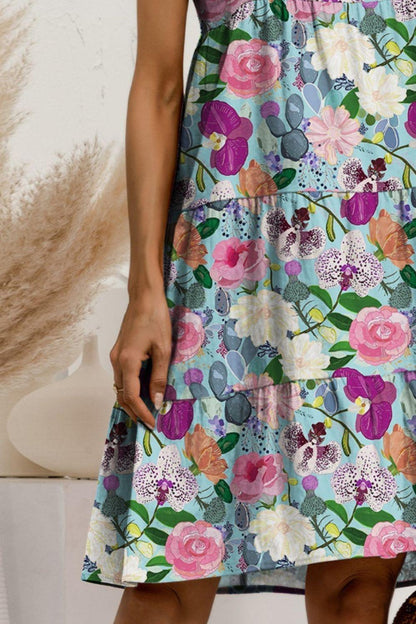 Printed Round Neck Sleeveless Tiered Dress Carauana Store