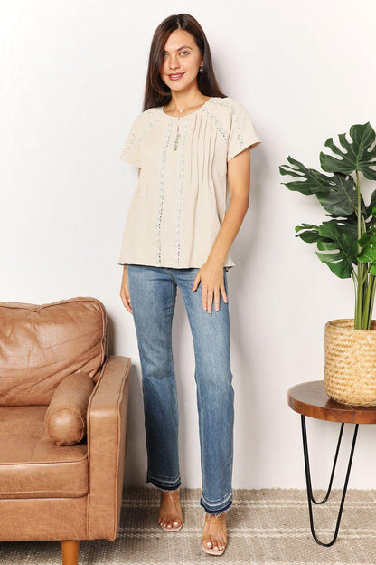 Double Take Crochet Buttoned Short Sleeves Top Carauana Store