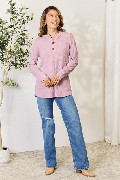Celeste Full Size Texture Half Button Long Sleeve Blouse Carauana Store