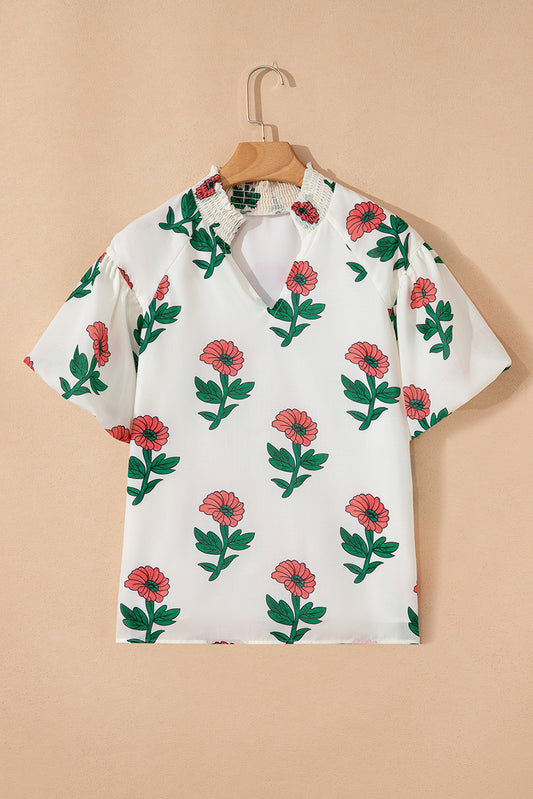 Beige Floral Print Shirred Split Neck Short Sleeve Blouse CaRaUaNa Fashion