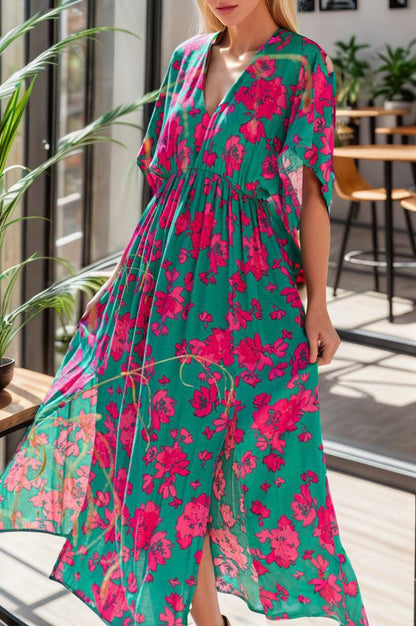 Printed V-Neck Midi Slit Dress Carauana Store