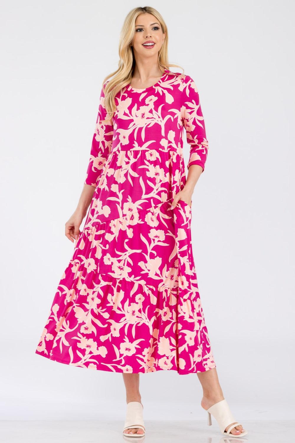 Celeste Full Size Floral Round Neck Ruffle Hem Dress Carauana Store