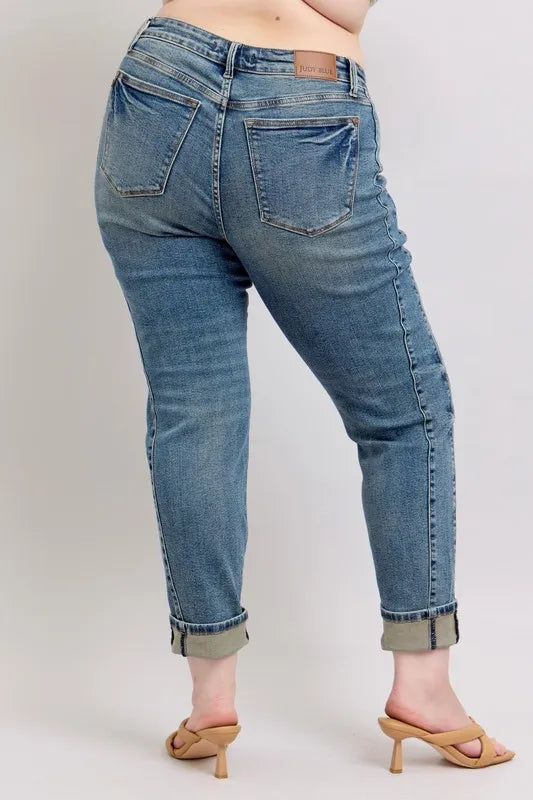 Judy Blue Full Size Mid Rise Vintage Wash Double Roll Cuff Boyfriend Jeans Plus Size Carauana Store