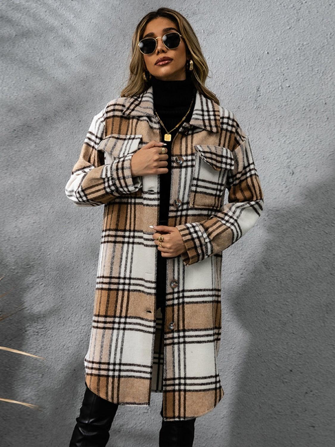 Plaid Collared Neck Long Sleeve Coat Carauana Store