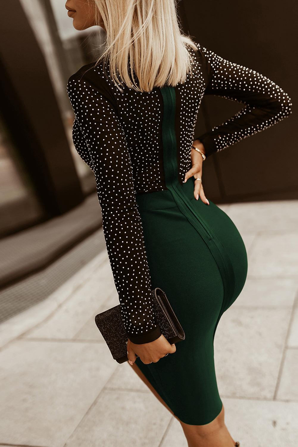 Rhinestone Mock Neck Long Sleeve Dress Carauana Store