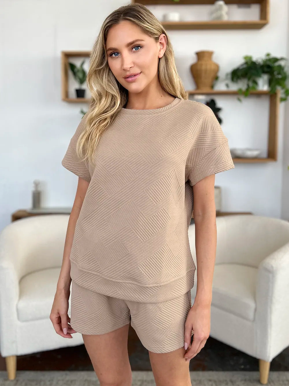 Double Take Full Size Texture Short Sleeve T-Shirt and Drawstring Shorts Set Carauana Store