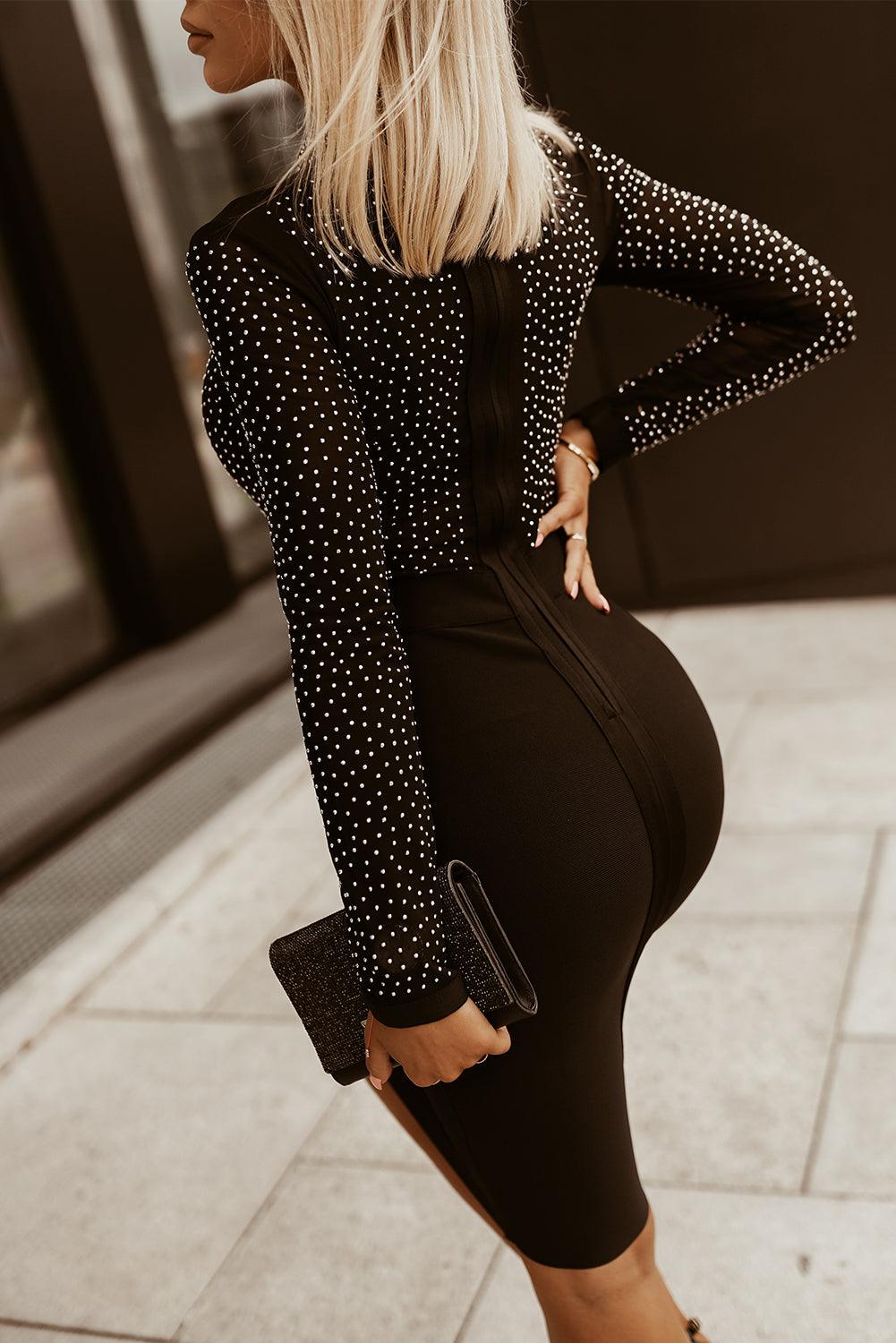Rhinestone Mock Neck Long Sleeve Dress Carauana Store