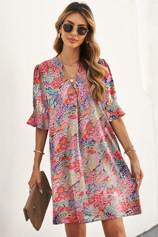Floral Notched Neck Flounce Sleeve Shift Dress Carauana Store