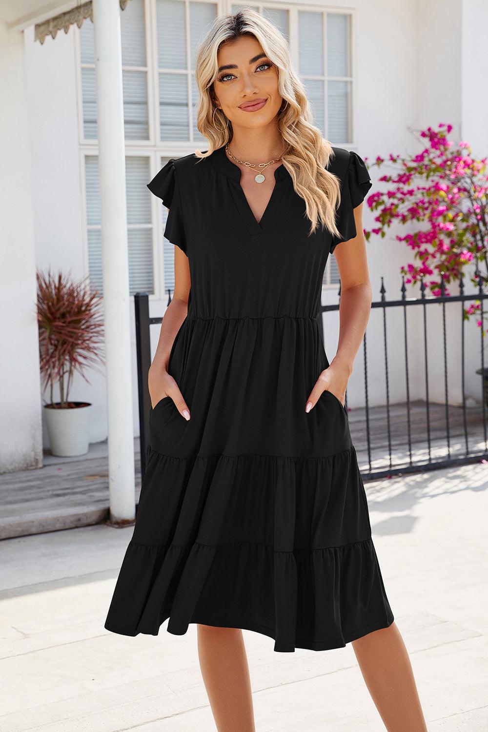 Ruched Notched Cap Sleeve Dress Carauana Store