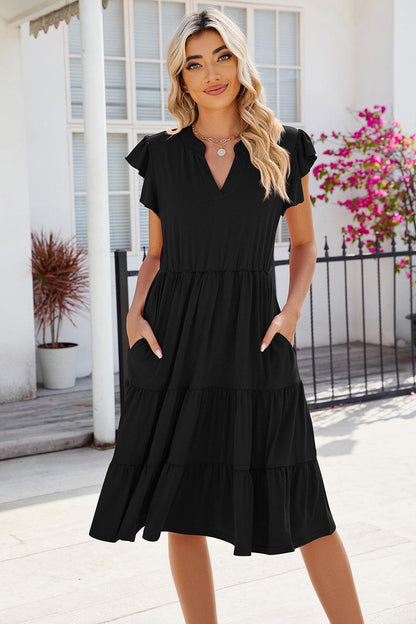 Ruched Notched Cap Sleeve Dress Carauana Store