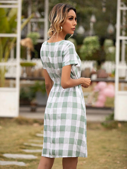 Smocked Plaid Round Neck Short Sleeve Dress CaRaUaNa Fashion