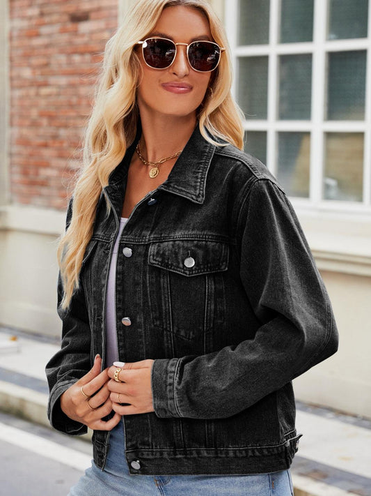 Pocketed Collared Neck Denim Jacket Carauana Store