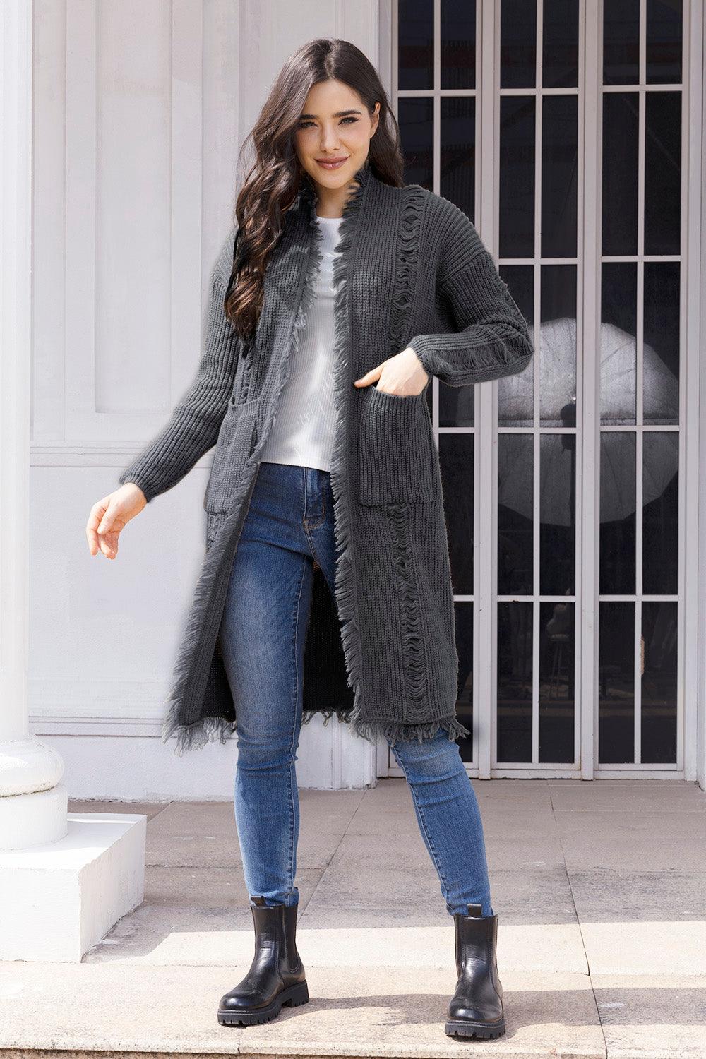 Fringe Trim Open Front Cardigan with Pockets Carauana Store