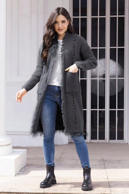 Fringe Trim Open Front Cardigan with Pockets Carauana Store