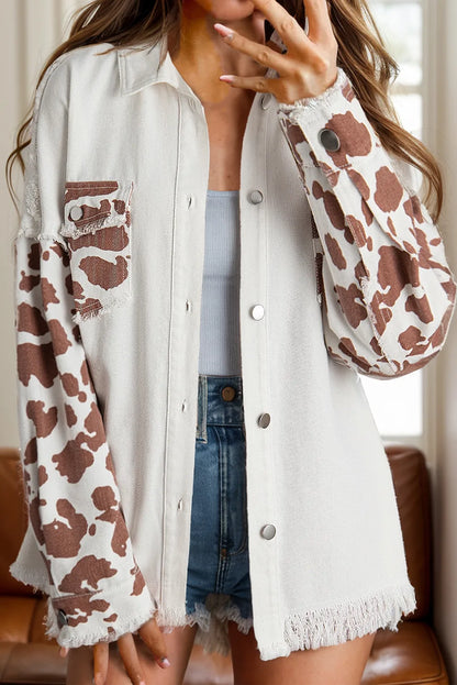 Raw Hem Animal Print Long Sleeve Denim Jacket CaRaUaNa Fashion