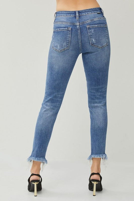 RISEN Distressed Frayed Hem Slim Jeans Carauana Store