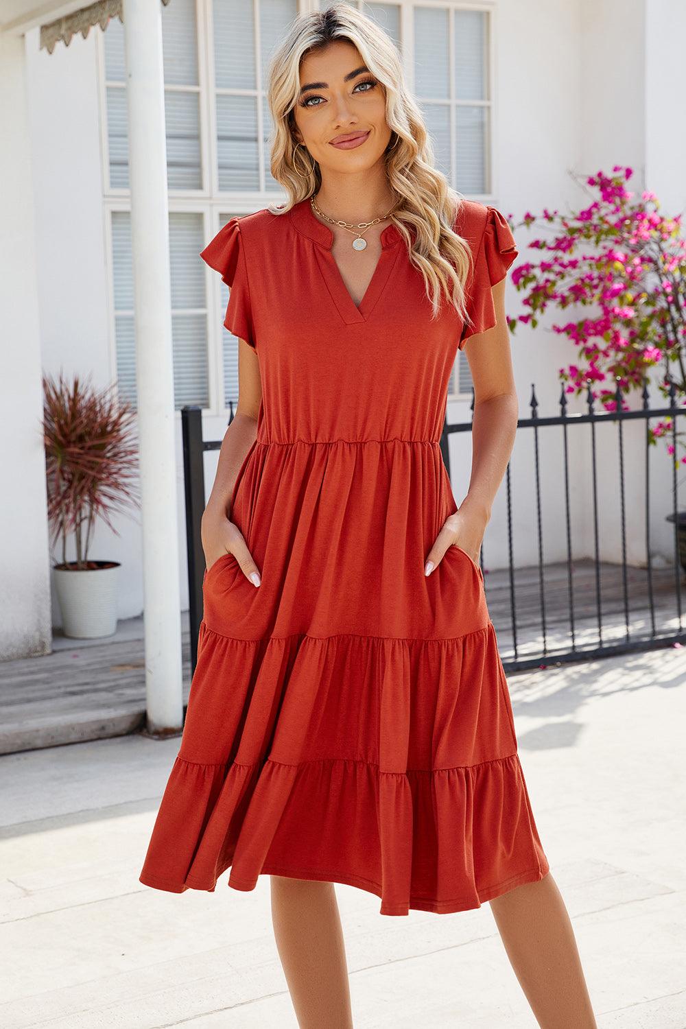 Ruched Notched Cap Sleeve Dress Carauana Store
