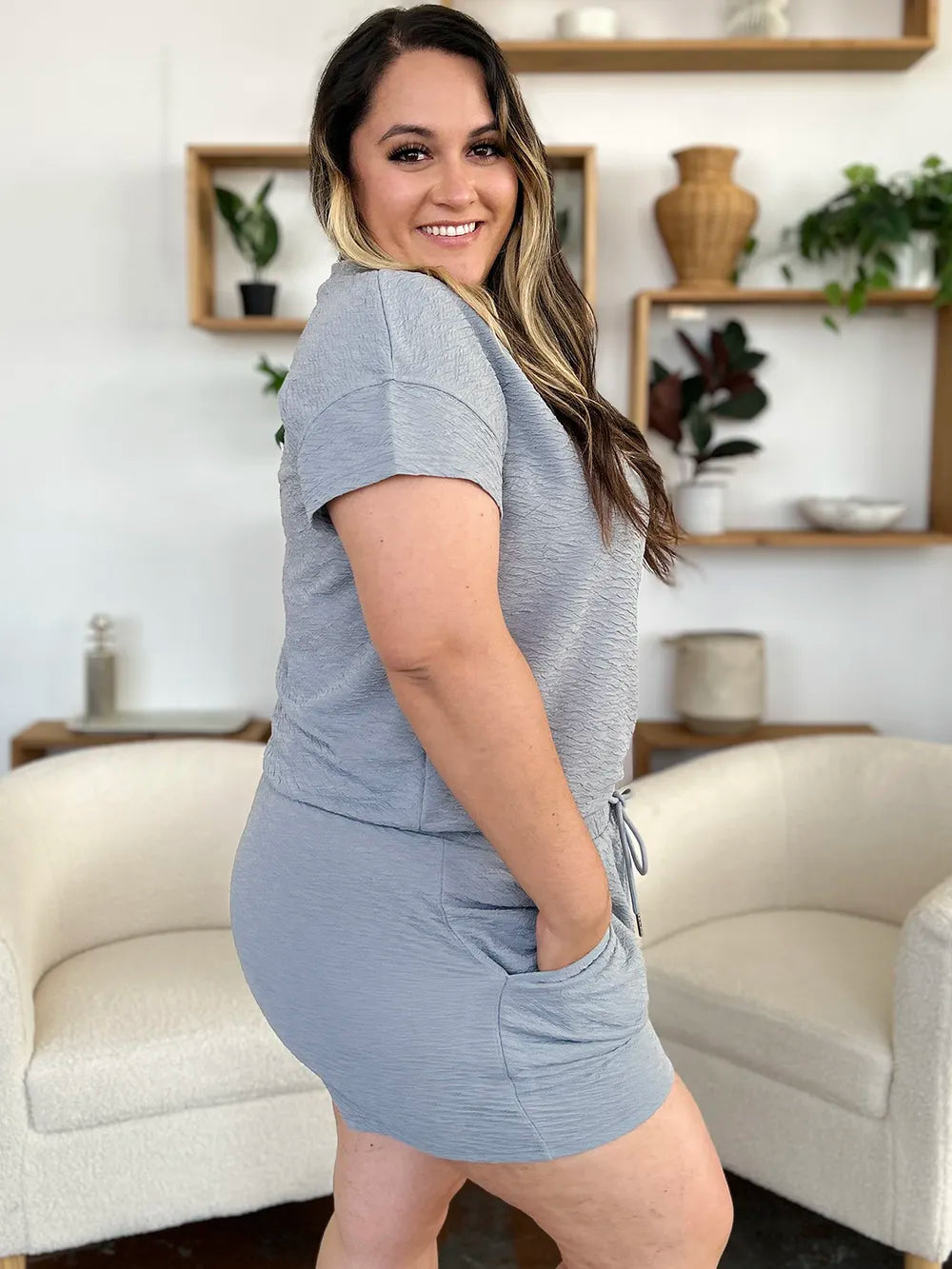 Double Take Full Size Texture Short Sleeve T-Shirt and Drawstring Shorts Set CaRaUaNa Fashion