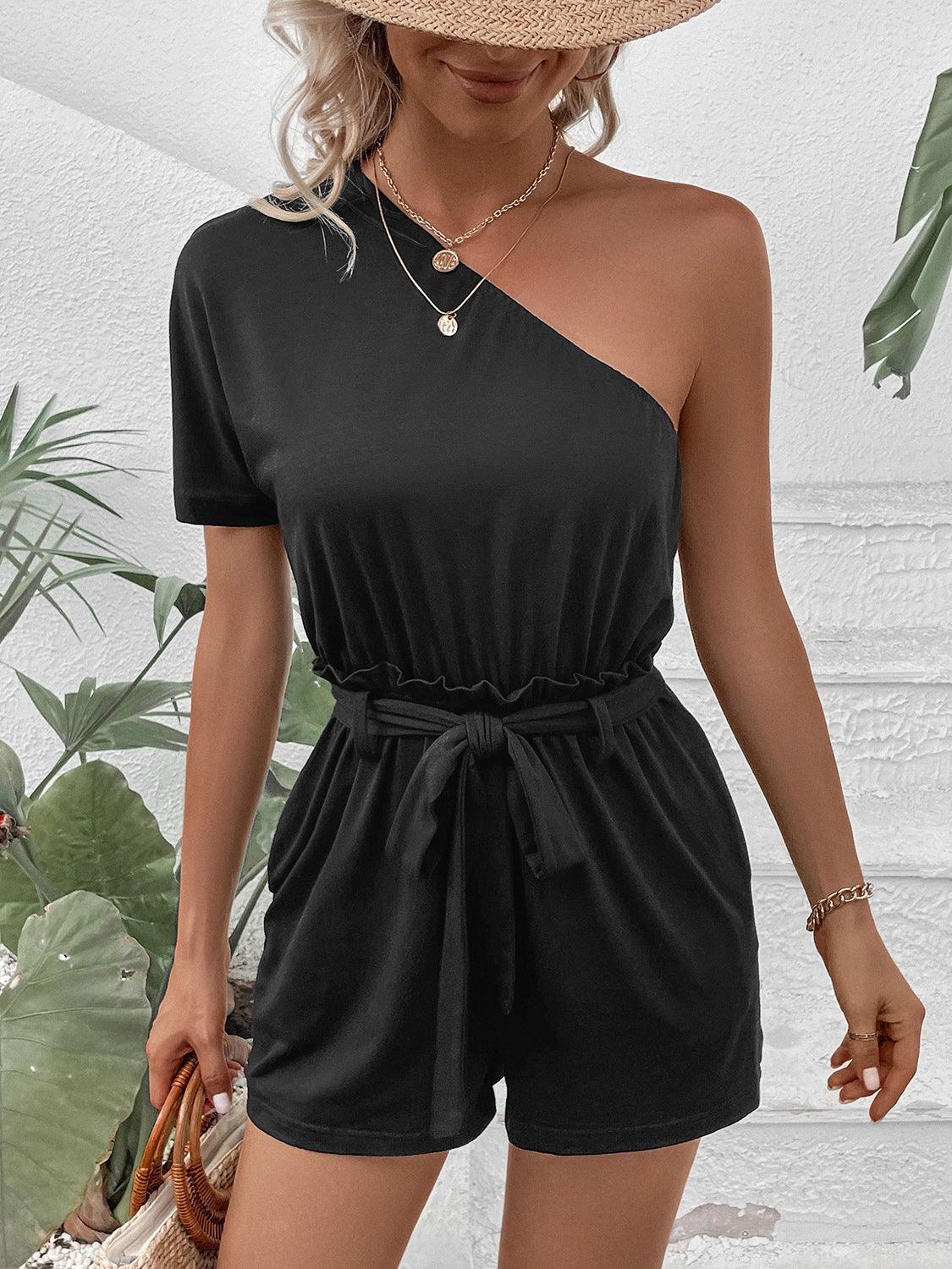 Single Shoulder Tie Waist Romper Carauana Store