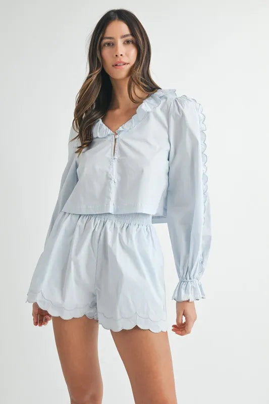 MABLE Long Sleeve Scallop Blouse and Shorts Set Carauana Store