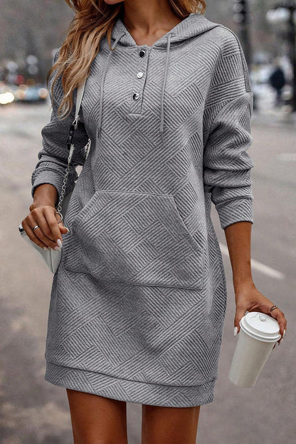 Texture Half Snap Drawstring Hooded Dress Carauana Store
