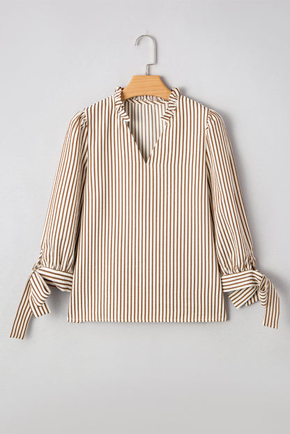 Straw Yellow Striped Print Tied Cuffs Split Neck Seersucker Blouse