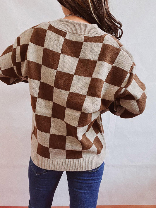 Checkered Open Front Button Up Cardigan Carauana Store