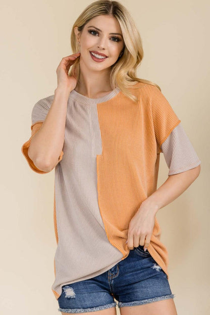 Celeste Full Size Ribbed Color Block Short Sleeve T-Shirt Carauana Store
