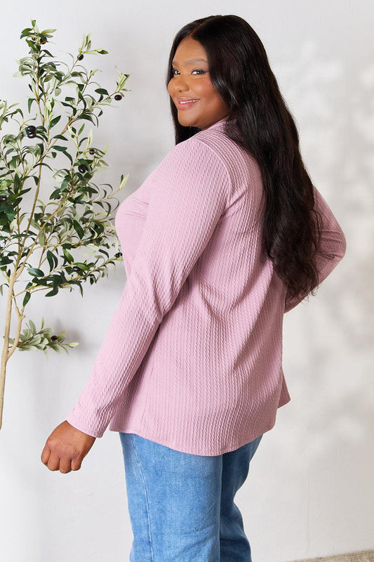 Celeste Full Size Texture Half Button Long Sleeve Blouse Carauana Store