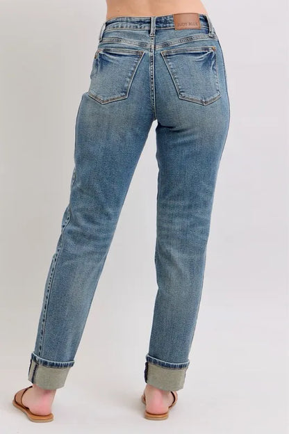 Judy Blue Full Size Mid Rise Vintage Wash Double Roll Cuff Boyfriend Jeans Plus Size Carauana Store