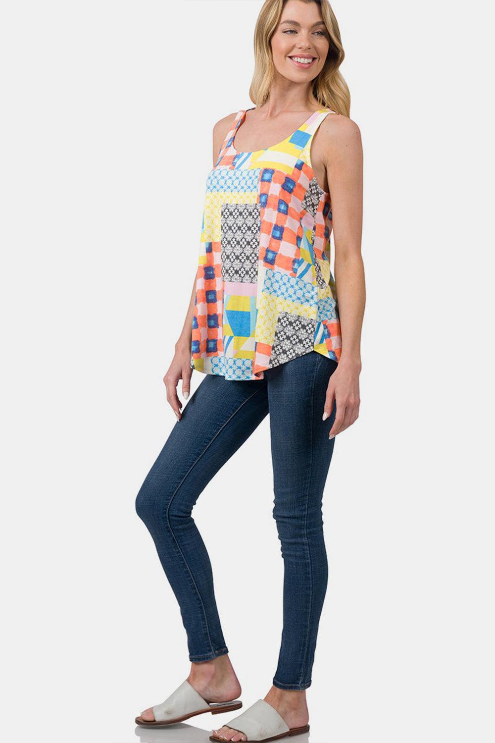 Zenana Printed Round Neck Curved Hem Tank Carauana Store