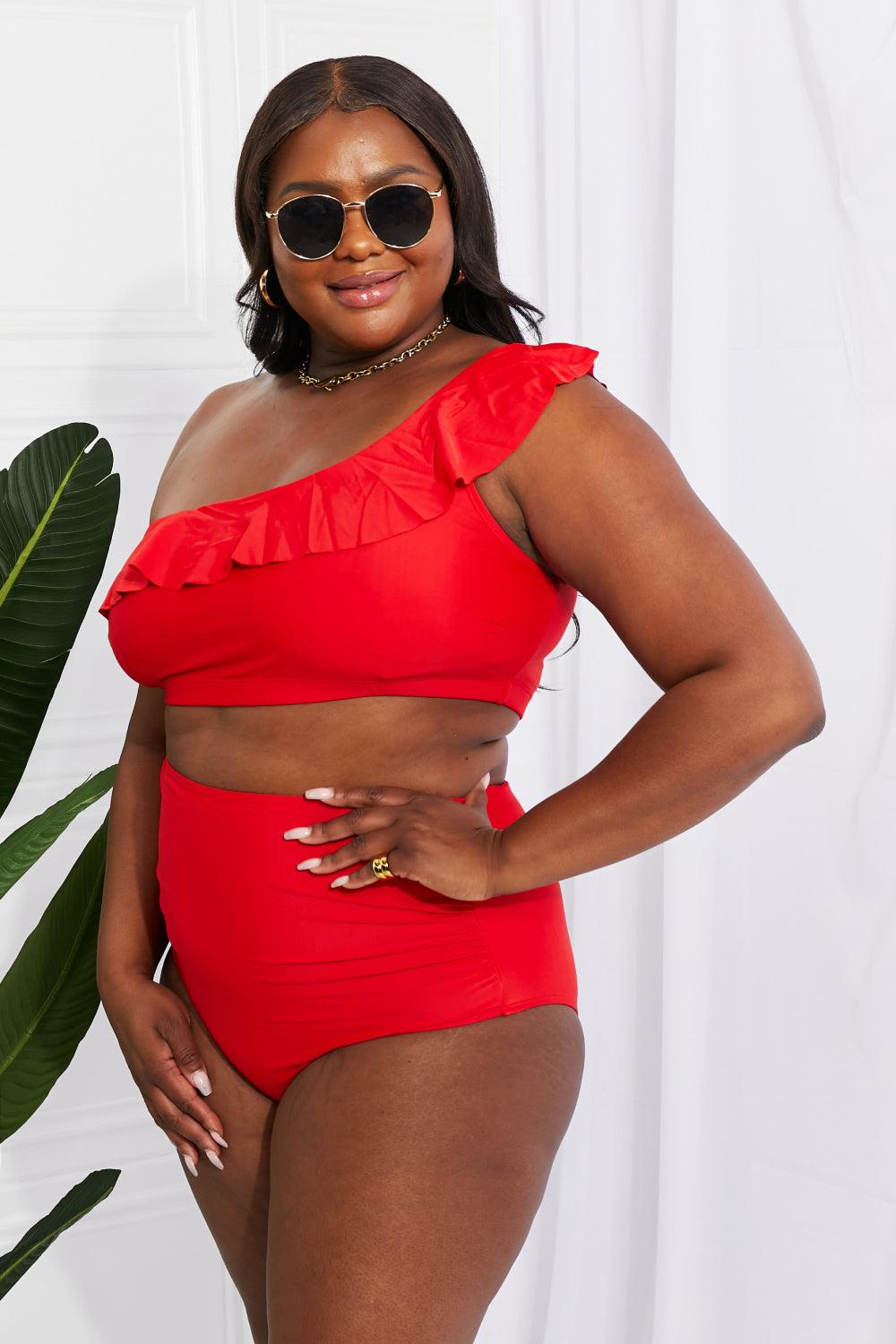 Marina West Swim Seaside Romance Ruffle One-Shoulder Bikini in Red Carauana Store