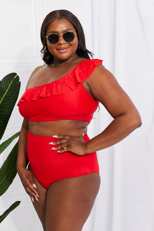Marina West Swim Seaside Romance Ruffle One-Shoulder Bikini in Red Carauana Store