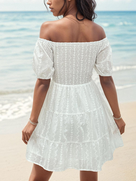 Smocked Eyelet Off-Shoulder Mini Dress Carauana Store