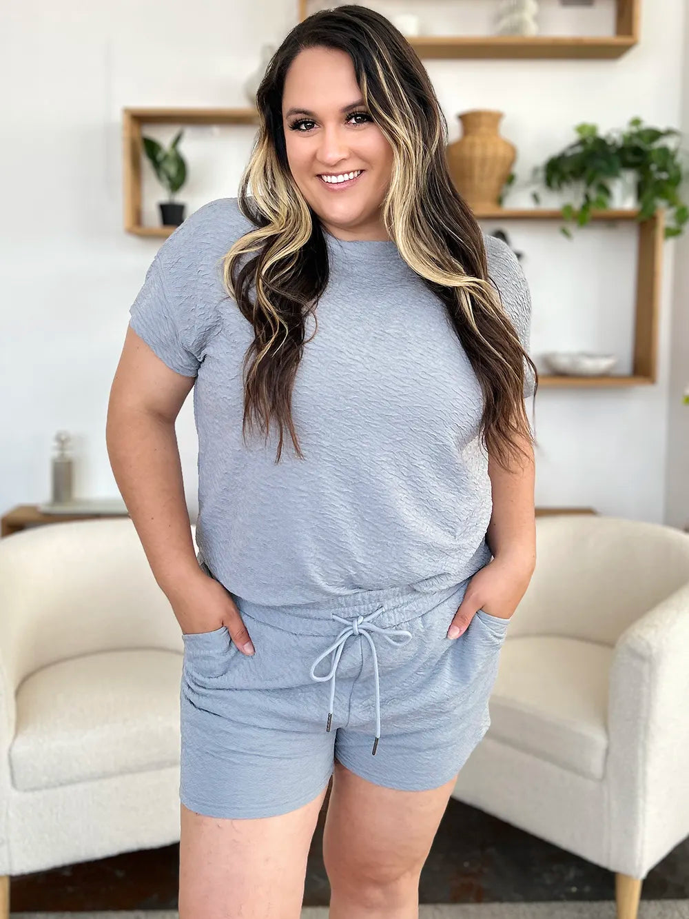 Double Take Full Size Texture Short Sleeve T-Shirt and Drawstring Shorts Set CaRaUaNa Fashion