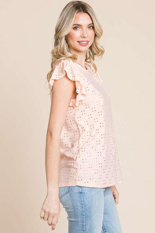 Culture Code Eyelet Round Neck Ruffled Cap Sleeve Top Carauana Store