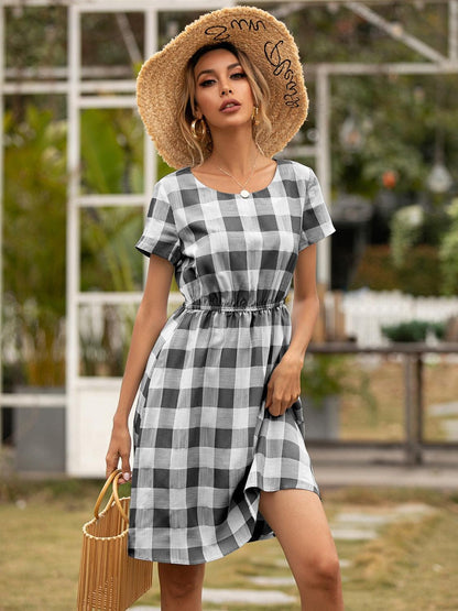 Smocked Plaid Round Neck Short Sleeve Dress CaRaUaNa Fashion