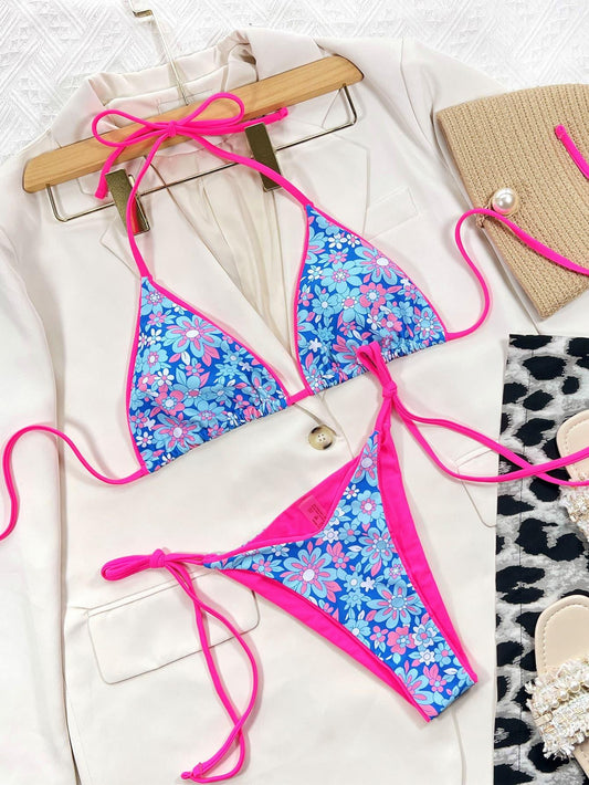 Floral Halter Neck Tie Side Bikini Set Carauana Store
