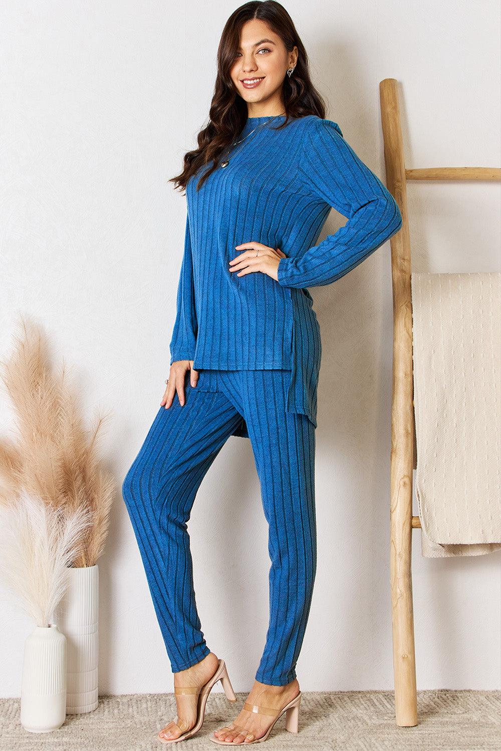 Basic Bae Full Size Ribbed Round Neck High-Low Slit Top and Pants Set Carauana Store
